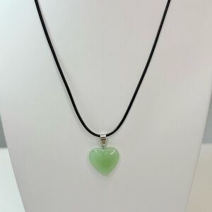 Green Glass Heart Pendant Necklace 18-19 Inches on Black Cord NWOT